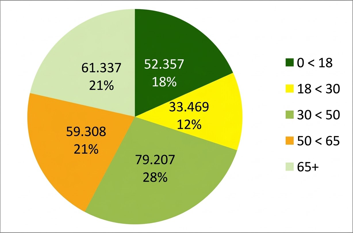 Kreisdiagramm zeigt Altersverteilung in fünf Gruppen (0-18, 18-30, 30-50, 50-65, 65+) mit Prozent- und Zahlenangaben.